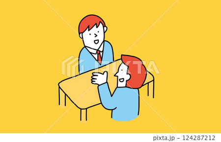 面接・面談・1on1・商談　机を挟んで話すビジネスマンのイラスト 124287212