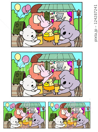 間違い探しクイズ　かわいい動物たちのイラスト　テーマ:キッチンカー 124287241