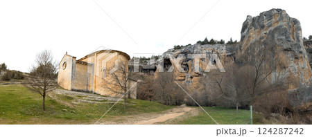 Ancient Church Landscape with Rocky Cliffs and Trees Ancient Church Landscape with Rocky Cliffs and Trees 124287242