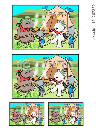 間違い探しクイズ　かわいい動物たちのイラスト　テーマ:キャンプ場 124287270