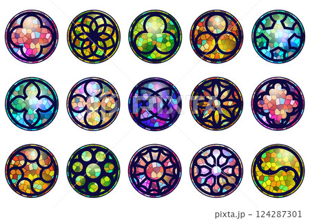 Gothic circle rose window with medieval ornament. Cathedral and castle rosettes on white background. Christian architecture elements with color stained glass. Radial vector frames set. 124287301