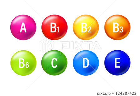 Set of colored vitamin. Vitamin A, B1, B2, B3, B4, C, D, E. Multivitamins capsules isolated on blue background. 124287422