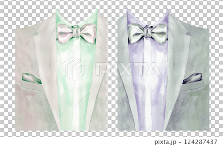 Men's jacket with shirt, tie, handkerchief. Watercolor template of men's wardrobe. Guide to color combinations of suit and tie. Fashionable gentleman's clothes for wedding, prom. 124287437