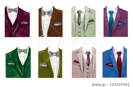 Men's jacket with shirt, tie, bow tie and handkerchief. Watercolor template of men's wardrobe. Guide to color combinations of men's suit and tie. Fashionable gentleman's clothes for wedding, prom. 124287441