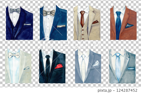 Men's jacket with shirt, tie, bow tie and handkerchief. Watercolor template of men's wardrobe. Guide to color combinations of men's suit and tie. Fashionable gentleman's clothes for wedding, prom. 124287452