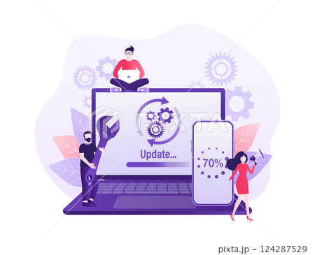 Cartoon software update people for mobile app design. Isometric vector illustration. Mobile application design. Technology network vector illustration. Cartoon software update people for mobile app design. Isometric vector illustration. Mobile application design. Technology network vector illustration. 124287529