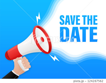 Template with blue save the megaphone on white background for flyer design. Vector illustration in flat style. Template with blue save the megaphone on white background for flyer design. Vector illustration in flat style. 124287562