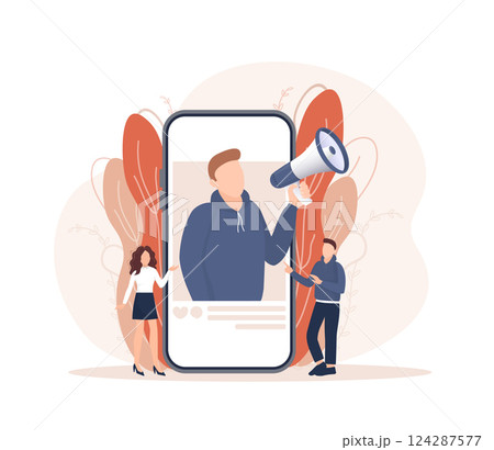 Flat advertising with people smartphone megaphone. Flat advertising. Social media marketing. Phone icon vector. Flat advertising with people smartphone megaphone. Flat advertising. Social media marketing. Phone icon vector. 124287577