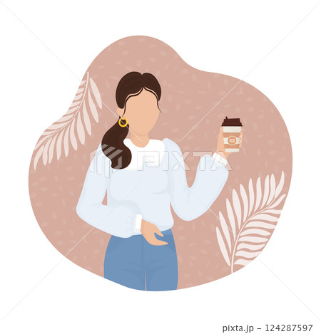 Girl with coffee in sketch style. Vector art illustration. Fashion print. Funny party. Vector art illustration. 124287597