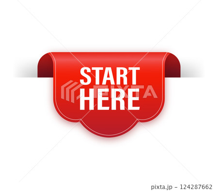Start here red ribbon isolated on white background. Red label, banner for any purposes. Vector illustration. Start here red ribbon isolated on white background. Red label, banner for any purposes. Vector illustration. 124287662