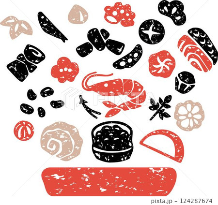 おせち料理 日本料理 お正月 版画 判子 シルエット 手描き 日本 和食 イラスト素材セット おせち料理 日本料理 お正月 版画 判子 シルエット 手描き 日本 和食 イラスト素材セット 124287674