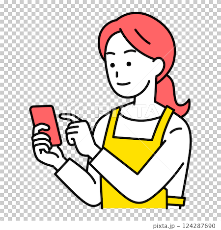 操作智能手機的圍裙的一名婦女 124287690