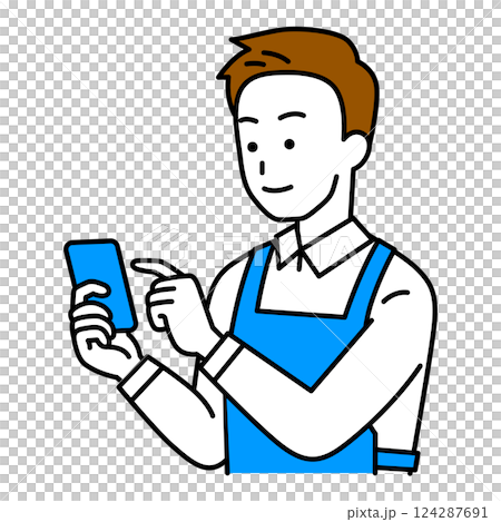 スマートフォンを操作するエプロン姿の男性 124287691