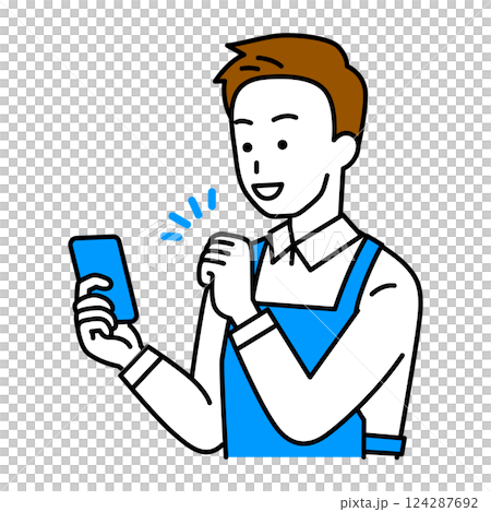 A man in an apron cheering with excitement as he looks at his smartphone screen 124287692