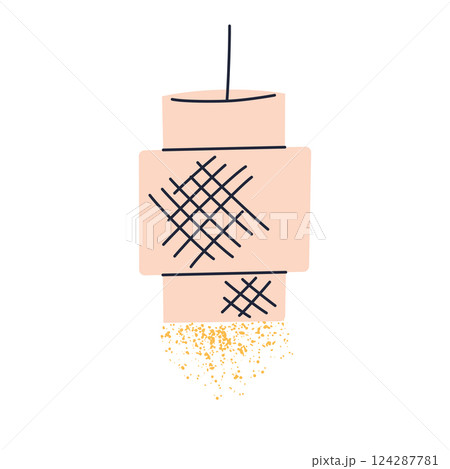 Modern lamp or chandelier with lit light, woven lampshade of fabric, bamboo, or rattan. Flat vector illustration on contemporary home decor, lighting icon, cozy interior design doodle 124287781
