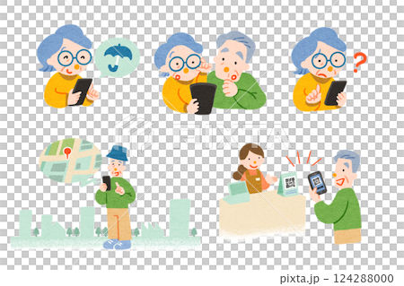 Illustration set of seniors using smartphones 124288000