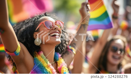 Joyful woman at pride parade wearing rainbow accessories and sunglasses. Celebration of diversity, freedom, and LGBTQ pride with vibrant energy 124288276