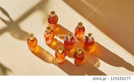 Amber glass dropper bottles arranged in minimalist symmetry. Golden liquid glows under warm sunlight with soft shadows on a neutral background 124288277