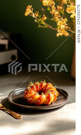 Gourmet dessert glazed in caramel, garnished with herbs on a black ceramic plate. Minimalist food styling with soft light and golden dried flowers 124288278