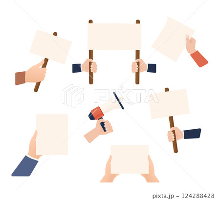 Hands with empty placard. Flat character. Vector flat design. Poster banner design. Female hand. Game sign. 124288428