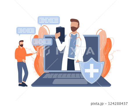 Flat illustration with online doctor. Doctor consultation. Vector illustration flat design. Video chat. 124288437