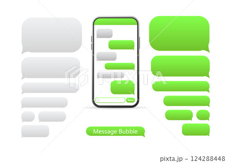 Smartphone with green Message bubbles icons for chat. Vector message bubbles design template. 124288448