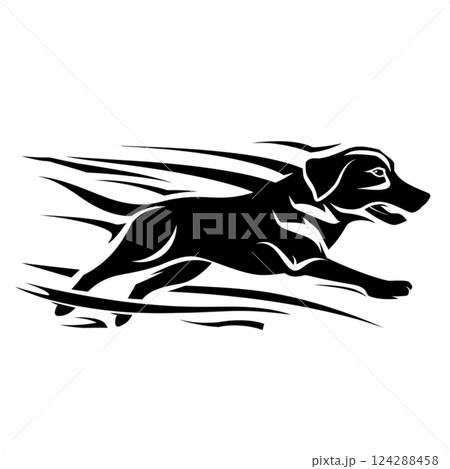 dynamic logo featuring running dog in motion, capturing essence of speed and agility. This design symbolizes energy and playfulness, perfect for pet related brands or services 124288458