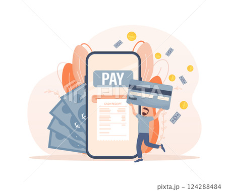 Mobile payment people. Flat isometric vector illustration. Qr code, mobile device. Bank online. Vector illustration design. 124288484
