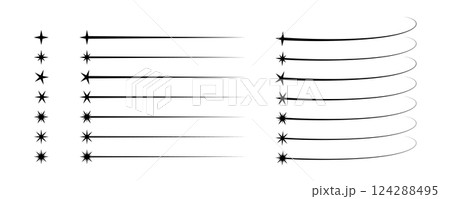 Falling star shape. Comet trail icons set. Abstract shooting star. Cosmos asteroid tail. Comet tail. Design element. Flying meteor silhouette. Vector illustration isolated on white background Falling star shape. Comet trail icons set. Abstract shooting star. Cosmos asteroid tail. Comet tail. Design element. Flying meteor silhouette. Vector illustration isolated on white background 124288495