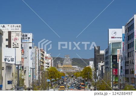 満開の桜に包まれた姫路城と大手前通り(キャッスルビューからの眺め) 満開の桜に包まれた姫路城と大手前通り(キャッスルビューからの眺め) 124288497