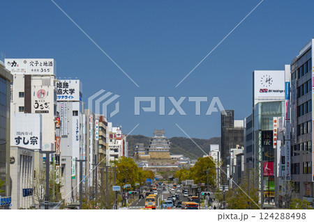 満開の桜に包まれた姫路城と大手前通り（キャッスルビューからの眺め） 124288498