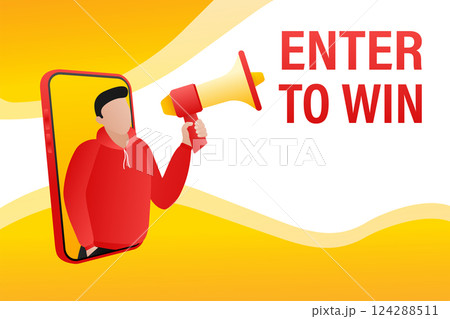 Template with enter to win man holding megaphone on white background for flyer design. Vector illustration in flat style. Template with enter to win man holding megaphone on white background for flyer design. Vector illustration in flat style. 124288511