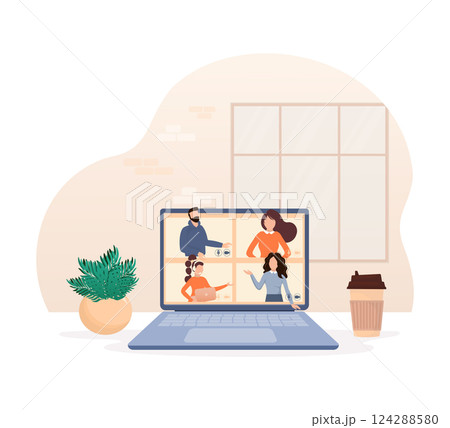 Flat illustration. Video conference. Video call between friends, chatting online by mobile app. Stay at home, work, communication remotely. Vector illustration. 124288580