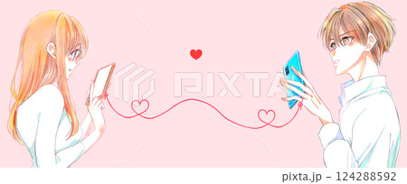 赤い糸で繋がったスマホを操作している男女　 124288592