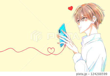 嬉しそうにスマホを触る男性 恋愛 赤い糸 嬉しそうにスマホを触る男性 恋愛 赤い糸 124288599