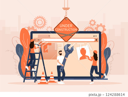 Flat under construction with people for web site design. Minimal design. Technology concept. Flat business template. 124288614