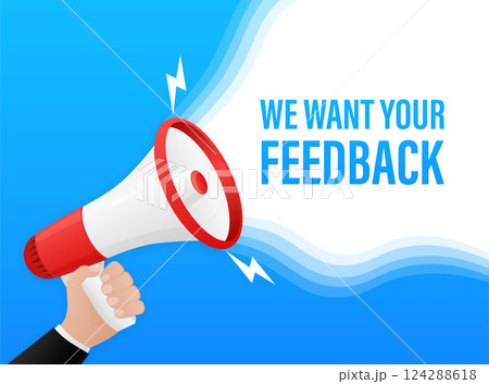 Template with blue we want your feedback hand holding megaphone on red background for flyer design. Vector illustration in flat style. 124288618