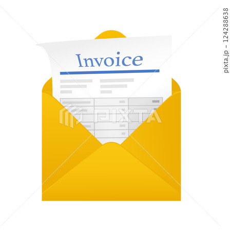 Flat icon with yellow invoice with envelope for financial report design. Isolated flat illustration. 124288638