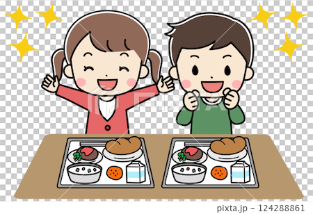 給食を食べる元気な元気な子供たちのイラスト 124288861