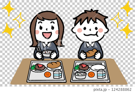 活潑快樂的孩子們吃學校午餐的插圖 活潑快樂的孩子們吃學校午餐的插圖 124288862