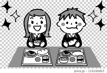 活潑快樂的孩子們吃學校午餐的插圖 活潑快樂的孩子們吃學校午餐的插圖 124288863