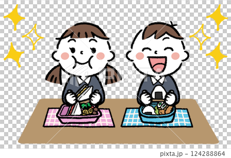 Illustration of cheerful children eating lunch 124288864