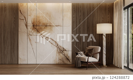 Contemporary interior with armchair, floor lamp, wall wood panels and parquet floor. 3d render illustration mockup. Contemporary interior with armchair, floor lamp, wall wood panels and parquet floor. 3d render illustration mockup. 124288872