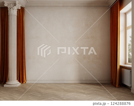 Classic beige interior with column, orange curtains, parquet floor and blank wall. 3d render illustration mockup. 124288876
