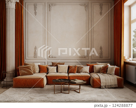 Classic interior with orange sofa and curtains, moldings, column, fur carpet, coffee tables and pillows. 3d render illustration mockup. 124288877