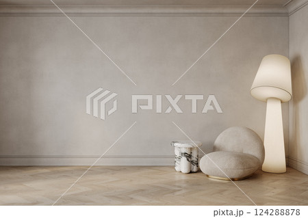Classic beige interior with blank wall, armchair, floor lamp, coffee table and wood floor. 3d render illustration mockup. 124288878