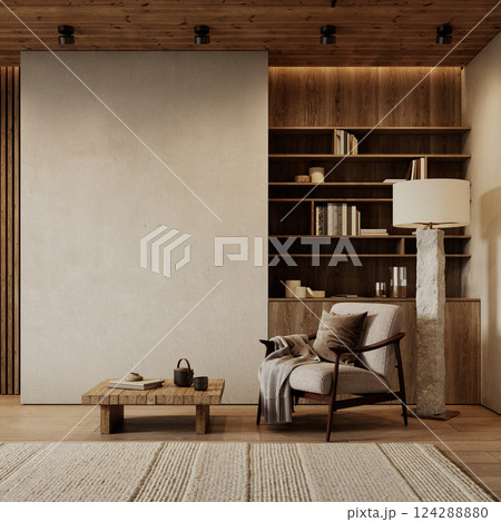 Contemporary loft interior with armchair, coffee table, carpet, floor lamp, shelves, wood ceiling and floor. 3d render illustration mockup. 124288880