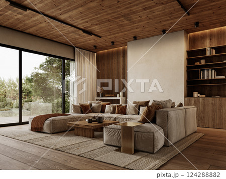 Contemporary loft interior with sofa, carpet, wood wall panels and ceiling, coffee table, pillows and decor. 3d render illustration mockup. 124288882