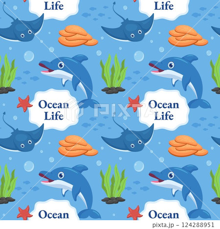 Oceans Seamless Pattern Design Featuring Ocean Decorative Elements in a Cartoon Flat Style Template Illustration 124288951