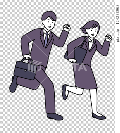 笑顔で走るポーズをするスーツの新社会人の男女 124288968